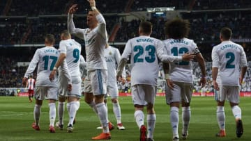 MADRID, SPAIN - MARCH 18: Cristiano Ronaldo of Real Madrid celebrates scoring his team's first goal during the La Liga match between Real Madrid and Girona at Estadio Santiago Bernabeu on March 18, 2018 in Madrid, Spain. (Photo by Quality Sport Images/Getty Images)