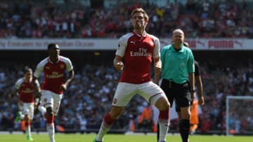 LONDON, ENGLAND - APRIL 22: Nacho Monreal of Arsenal celebrates scoring his side's first goal during the Premier League match between Arsenal and West Ham United at Emirates Stadium on April 22, 2018 in London, England. (Photo by Shaun Botterill/Getty Images)