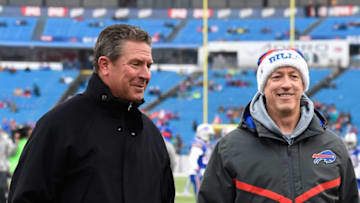 ORCHARD PARK, NY - DECEMBER 24: Hall of fame quarterback Dan Marino (L) and Hall of Fame quarterback Jim Kelly talk before the game between the Buffalo Bills and the Miami Dolphins at New Era Stadium on December 24, 2016 in Orchard Park, New York. (Photo by Rich Barnes/Getty Images)