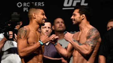 EDMONTON, AB - SEPTEMBER 08: (L-R) Opponents Kajan Johnson of Canada and Adriano Martins of Brazil face-off during the UFC 215 weigh-in inside the Rogers Place on September 8, 2017 in Edmonton, Alberta, Canada. (Photo by Jeff Bottari/Zuffa LLC/Zuffa LLC via Getty Images)