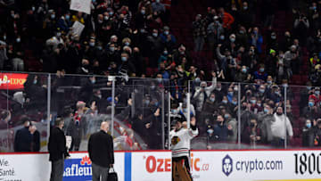 Dec 9, 2021; Montreal, Quebec, CAN; Fans acknowledge the 500th win for Marc-Andre Fleury. Mandatory Credit: Eric Bolte-USA TODAY Sports