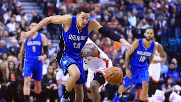TORONTO, ON - MARCH 27: Aaron Gordon #00 of the Orlando Magic dribbles the ball as P.J. Tucker #2 of the Toronto Raptors defends during the first half of an NBA game at Air Canada Centre on March 27, 2017 in Toronto, Canada. NOTE TO USER: User expressly acknowledges and agrees that, by downloading and or using this photograph, User is consenting to the terms and conditions of the Getty Images License Agreement. (Photo by Vaughn Ridley/Getty Images)