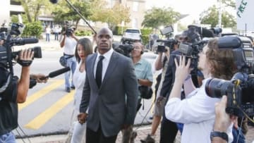 Oct 8, 2014; Conroe, TX, USA; Minnesota Vikings running back Adrian Peterson enters the Montgomery county courthouse for his arraignment. Mandatory Credit: Kevin Jairaj-USA TODAY Sports