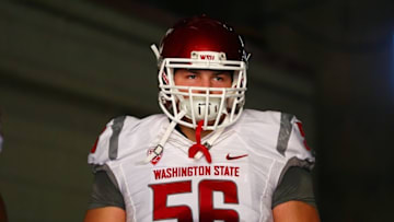 Nov 22, 2014; Tempe, AZ, USA; Washington State Cougars offensive lineman Joe Dahl (56) against the Arizona State Sun Devils at Sun Devil Stadium. The Sun Devils defeats the Cougars 52-31. Mandatory Credit: Mark J. Rebilas-USA TODAY Sports