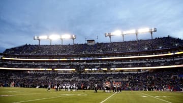 BALTIMORE, MD - DECEMBER 31: The Cincinnati Bengals offense and the Baltimore Ravens defense stand on the field during a first half timeout at M