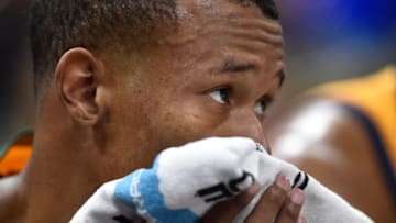 SALT LAKE CITY, UT - NOVEMBER 25: Rodney Hood #5 of the Utah Jazz looks on from the bench against the Milwaukee Bucks in the second half of the 121-108 win by the Jazz at Vivint Smart Home Arena on November 25, 2017 in Salt Lake City, Utah. NOTE TO USER: User expressly acknowledges and agrees that, by downloading and or using this photograph, User is consenting to the terms and conditions of the Getty Images License Agreement. (Photo by Gene Sweeney Jr./Getty Images)