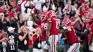 ATHENS, GA - NOVEMBER 4: Nazir Stackhouse #78 of the Georgia Bulldogs celebrates his interception during a game between University of Missouri and University of Georgia at Sanford Stadium on November 4, 2023 in Athens, Georgia. (Photo by Steve Limentani/ISI Photos/Getty Images)