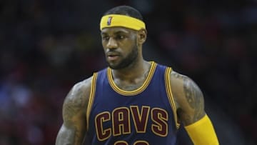 Mar 1, 2015; Houston, TX, USA; Cleveland Cavaliers forward LeBron James (23) warms up before a game against the Houston Rockets at Toyota Center. Mandatory Credit: Troy Taormina-USA TODAY Sports