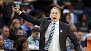 Mar 13, 2016; Indianapolis, IN, USA; Michigan State Spartans coach Tom Izzo coaches on the sidelines against the Purdue Boilermakers during the Big Ten conference tournament at Bankers Life Fieldhouse. Michigan State defeats Purdue 66-62. Mandatory Credit: Brian Spurlock-USA TODAY Sports