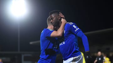 BURTON-UPON-TRENT, ENGLAND - OCTOBER 29: Kelechi Iheanacho of Leicester City celebrates after scoring his team's first goal with Marc Albrighton of Leicester City during the Carabao Cup Round of 16 match between Burton Albion and Leicester City at Pirelli Stadium on October 29, 2019 in Burton-upon-Trent, England. (Photo by Laurence Griffiths/Getty Images)