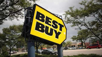 SCHAUMBURG, IL - JULY 20: A sign marks the location of a Best Buy store on July 20, 2017 in Schaumburg, Illinois. Sears Holdings Inc. announced today that it had agreed to sell Kenmore appliances on Amazon.com. The news sent Sears' stock price climbing and triggered heavy selling of stock in other appliance retailers including, Home Depot, Best Buy and Lowes. (Photo by Scott Olson/Getty Images)
