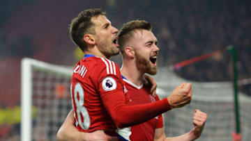 MIDDLESBROUGH, ENGLAND - JANUARY 21: Cristhian Stuani of Middlesbrough (L) celebrates scoring his sides first goal with Calum Chambers of Middlesbrough (R) during the Premier League match between Middlesbrough and West Ham United at the Riverside Stadium on January 21, 2017 in Middlesbrough, England. (Photo by Tony Marshall/Getty Images)