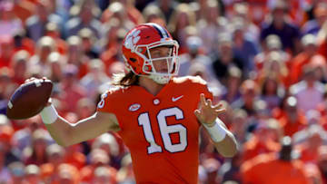 CLEMSON, SC - NOVEMBER 03: Trevor Lawrence #16 of the Clemson Tigers drops back to pass against the Louisville Cardinals during their game at Clemson Memorial Stadium on November 3, 2018 in Clemson, South Carolina. (Photo by Streeter Lecka/Getty Images)