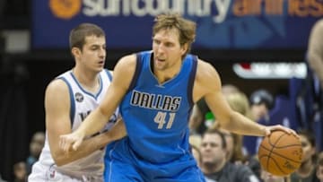 Jan 10, 2016; Minneapolis, MN, USA; Dallas Mavericks forward Dirk Nowitzki (41) backs up to the basket against Minnesota Timberwolves forward Nemanja Bjelica (88) in the second half at Target Center. The Mavericks won 93-87. Mandatory Credit: Jesse Johnson-USA TODAY Sports