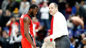 ST LOUIS, MO - MARCH 08: Mark Fox the head coach of the Georgia Bulldogs talks with William Jackson II