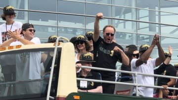 Jul 22, 2021; Milwaukee, Wisconsin, USA; Milwaukee Bucks coach Mike Budenholzer near the start of the Bucks victory parade. Mandatory Credit: Mary Spicuzza/Milwaukee Journal Sentinel-USA TODAY NETWORK