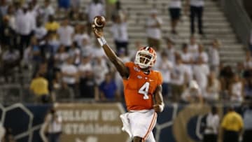 Sep 22, 2016; Atlanta, GA, USA; Clemson Tigers quarterback Deshaun Watson (4) attempts a pass in the fourth quarter of their game against the Georgia Tech Yellow Jackets at Bobby Dodd Stadium. The Tigers won 26-7. Mandatory Credit: Jason Getz-USA TODAY Sports