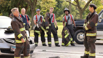CHICAGO FIRE -- "Completely Shattered" Episode 1103 -- Pictured: (l-r) David Eigenberg as Christopher Herrmann, Christian Stolte as Randy “Mouch” McHolland, Alberto Rosende as Blake Gallo, Jake Lockett as Sam Carver, Daniel Kyri as Darren Ritter, Miranda Rae Mayo as Stella Kidd -- (Photo by: George Burns Jr/NBC)
