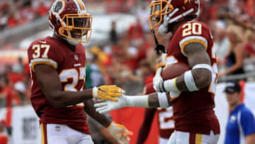 TAMPA, FL - NOVEMBER 11: Ha Ha Clinton-Dix #20 of the Washington Redskins is congratulated by Greg Stroman #37 after recovering a fumble during a game against the Tampa Bay Buccaneers at Raymond James Stadium on November 11, 2018 in Tampa, Florida. (Photo by Mike Ehrmann/Getty Images)