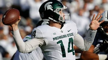 STATE COLLEGE, PA - OCTOBER 13: Brian Lewerke #14 of the Michigan State Spartans passes against the Penn State Nittany Lions on October 13, 2018 at Beaver Stadium in State College, Pennsylvania. (Photo by Justin K. Aller/Getty Images)
