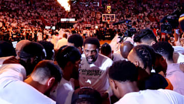Udonis Haslem #40 of the Miami Heat huddles with the team prior to Game Five of the Eastern Conference First Round against the Atlanta Hawks(Photo by Michael Reaves/Getty Images)