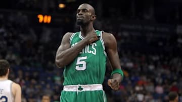 Mar 30, 2012; Minneapolis, MN, USA; Boston Celtics forward Kevin Garnett (5) pounds his chest prior to the game against the Minnesota Timberwolves at the Target Center. The Celtics defeated the Timberwolves 100-79. Mandatory Credit: Brace Hemmelgarn-USA TODAY Sports
