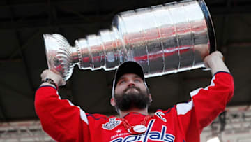WASHINGTON, DC - JUNE 12: Alex Ovechkin #8 of the Washington Capitals holds the Stanley Cup during the Washington Capitals Victory Parade And Rally on June 12, 2018 in Washington, DC. (Photo by Patrick McDermott/NHLI via Getty Images)