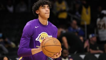 LOS ANGELES, CALIFORNIA - DECEMBER 18: Max Christie #10 of the Los Angeles Lakers warms up before the game against the Washington Wizards at Crypto.com Arena on December 18, 2022 in Los Angeles, California. NOTE TO USER: User expressly acknowledges and agrees that, by downloading and or using this photograph, User is consenting to the terms and conditions of the Getty Images License Agreement. (Photo by Meg Oliphant/Getty Images)