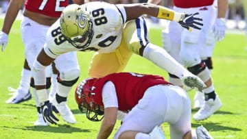 ATLANTA, GA - SEPTEMBER 9: Bryant Horn #14 of the Jacksonville State Gamecocks is sacked by Antwan Owens #89 of the Georgia Tech Yellow Jackets on September 9, 2017 in Atlanta, Georgia. Photo by Scott Cunningham/Getty Images)