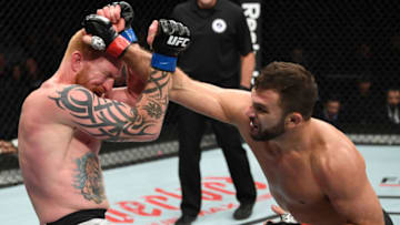MONCTON, NB - OCTOBER 27: (R-L) Gian Villante punches Ed Herman in their light heavyweight bout during the UFC Fight Night event inside Avenir Centre on October 27, 2018 in Moncton, New Brunswick, Canada. (Photo by Jeff Bottari/Zuffa LLC/Zuffa LLC via Getty Images)
