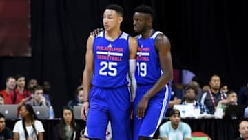 Jul 9, 2016; Las Vegas, NV, USA; Philadelphia 76ers forward Jerami Grant (39) talks with forward Ben Simmons (25) during an NBA Summer League game against the Los Angeles Lakers at Thomas & Mack Center. Mandatory Credit: Stephen R. Sylvanie-USA TODAY Sports