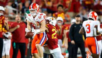 Dec 29, 2021; Orlando, Florida, USA; DUPLICATE***Iowa State Cyclones defensive back Craig McDonald (27) breaks up a pass intended for Clemson Tigers tight end Davis Allen (84) in the second half at Camping World Stadium. Mandatory Credit: Nathan Ray Seebeck-USA TODAY Sports
