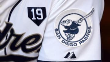 Jun 18, 2014; San Diego, CA, USA; A detailed view of the patch worn by the San Diego Padres before a game against the Seattle Mariners in honor of former player Tony Gwynn (19) at Petco Park. Mandatory Credit: Jake Roth-USA TODAY Sports