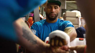 LAS VEGAS, NV - JULY 24: Mike Davis has his hands wrapped prior to his bout against Sodiq Yusuff of Nigeria during Dana White's Tuesday Night Contender Series at the TUF Gym on July 24, 2018 in Las Vegas, Nevada. (Photo by Emily Wilson/DWTNCS LLC)