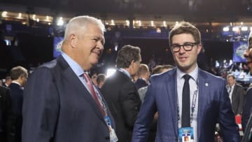 VANCOUVER, BRITISH COLUMBIA - JUNE 21: (L-R) Dale Tallon and Kyle Dubas attend the 2019 NHL Draft at the Rogers Arena on June 21, 2019 in Vancouver, Canada. (Photo by Bruce Bennett/Getty Images)