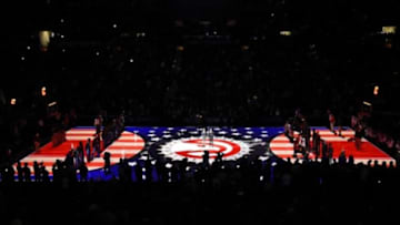 Jan 19, 2015; Atlanta, GA, USA; A general view of the court during the National Anthem prior to the game between the Detroit Pistons and the Atlanta Hawks at Philips Arena. Mandatory Credit: Dale Zanine-USA TODAY Sports