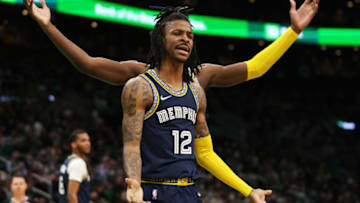 BOSTON, MASSACHUSETTS - MARCH 03: Ja Morant #12 of the Memphis Grizzlies reacts during the first quarter of the game against the Boston Celtics at TD Garden on March 03, 2022 in Boston, Massachusetts. (Photo by Maddie Meyer/Getty Images)