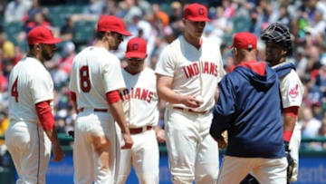 May 18, 2014; Cleveland, OH, USA; Cleveland Indians manager Terry Francona (17) removes Cleveland Indians starting pitcher Justin Masterson (63) during the fifth inning against the Oakland Athletics at Progressive Field. Mandatory Credit: Ken Blaze-USA TODAY Sports