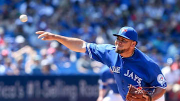 Jul 27, 2016; Toronto, Ontario, CAN; Toronto Blue Jays pitcher Joaquin Benoit delivers a pitch against the San Diego Padres in the ninth inning at Rogers Centre. Padres won 8-4. Mandatory Credit: Kevin Sousa-USA TODAY Sports