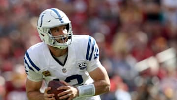 LANDOVER, MD - SEPTEMBER 16: Andrew Luck #12 of the Indianapolis Colts drops back to pass in the second half against the Washington Redskins in fourth quarter at FedExField on September 16, 2018 in Landover, Maryland. (Photo by Rob Carr/Getty Images)