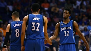 Mar 14, 2016; Phoenix, AZ, USA; Minnesota Timberwolves guard Zach LaVine (8), center Karl-Anthony Towns (32) and guard Andrew Wiggins (22) against the Phoenix Suns at Talking Stick Resort Arena. The Suns defeated the Timberwolves 107-104. Mandatory Credit: Mark J. Rebilas-USA TODAY Sports