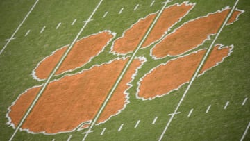 CLEMSON, SOUTH CAROLINA - OCTOBER 26: A general view of the Clemson Tigers' tiger paw logo at midfield during the Tigers' football game against the Boston College Eagles at Memorial Stadium on October 26, 2019 in Clemson, South Carolina. (Photo by Mike Comer/Getty Images)