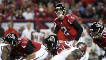 Sep 18, 2014; Atlanta, GA, USA; Atlanta Falcons quarterback Matt Ryan (2) calls a play at the line of scrimmage in the first quarter of their game against the Tampa Bay Buccaneers at the Georgia Dome. The Falcons won 56-14. Mandatory Credit: Jason Getz-USA TODAY Sports