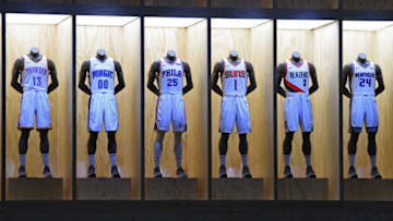 LOS ANGELES, CA - SEPTEMBER 15: A shot of the Oklahoma City Thunder, Orlando Magic, Philadelphia 76ers, Phoenix Suns, Portland Trail Blazers and Sacramento Kings new uniforms during the Nike Innovation Summit in Los Angeles, California on September 15, 2017. NOTE TO USER: User expressly acknowledges and agrees that, by downloading and or using this photograph, User is consenting to the terms and conditions of the Getty Images License Agreement. Mandatory Copyright Notice: Copyright 2017 NBAE (Photo by Andrew D. Bernstein/NBAE via Getty Images)