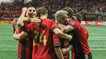 ATLANTA, GA NOVEMBER 11: Atlanta players surround Josef Martinez (7) after he scored a second half goal during the MLS Eastern Conference semifinal match between Atlanta United and NYCFC on November 11th, 2018 at Mercedes-Benz Stadium in Atlanta, GA. Atlanta United FC defeated New York City FC by a score of 3 to 1 to advance in the playoffs. (Photo by Rich von Biberstein/Icon Sportswire via Getty Images)