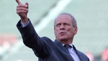 BOSTON, MA - SEPTEMBER 22: Larry Lucchino, former president of the Boston Red Sox, gestures as he talks to the media before a game against the Tampa Bay Rays at Fenway Park on September 22, 2015 in Boston, Massachusetts. (Photo by Jim Rogash/Getty Images)