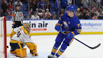 Dec 3, 2023; Buffalo, New York, USA; Buffalo Sabres left wing Victor Olofsson (71) scores on a penalty shot against Nashville Predators goaltender Juuse Saros (74) during the second period at KeyBank Center. Mandatory Credit: Timothy T. Ludwig-USA TODAY Sports