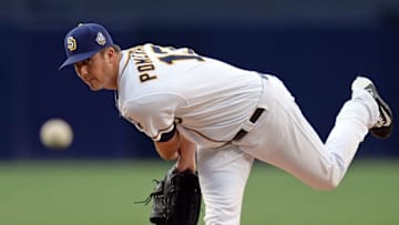 Jul 2, 2016; San Diego, CA, USA; San Diego Padres starting pitcher Drew Pomeranz (13) pitches against the New York Yankees during the first inning at Petco Park. Mandatory Credit: Jake Roth-USA TODAY Sports