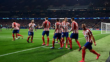 MADRID, SPAIN - FEBRUARY 18: Players of Atletico de Madrid celebrates a goal during the UEFA Champions League round of 16 first leg match between Atletico Madrid and Liverpool FC at Wanda Metropolitano on February 18, 2020 in Madrid, Spain. (Photo by Pablo Morano/MB Media/Getty Images)