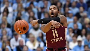 CHAPEL HILL, NORTH CAROLINA - FEBRUARY 23: David Nichols #11 of the Florida State Seminoles directs the offense against the North Carolina Tar Heels during the first half of their game at the Dean Smith Center on February 23, 2019 in Chapel Hill, North Carolina. (Photo by Grant Halverson/Getty Images)